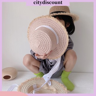 &lt;citydiscount&gt; หมวกฟางถัก ประดับโบว์ ขนาดใหญ่ ป้องกันรังสียูวี กันลม สีตัดกัน สําหรับผู้หญิง