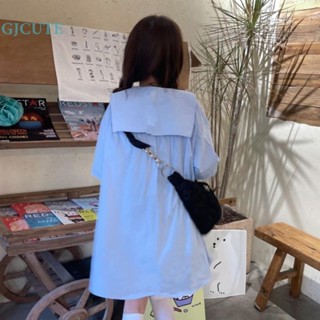 Gjcute เสื้อเชิ้ตแขนสั้น คอปกกะลาสี ผูกโบว์ เข้ากับทุกการแต่งกาย สําหรับผู้หญิง WTD