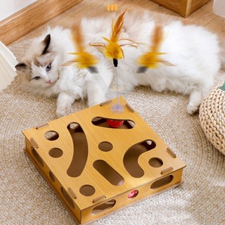 Pets Shop Cat Toy Puzzle Box Claw Grinding Interactive กล่องเกมแมวที่น่าสนใจพร้อม Teasing Stick และ Bell Ball