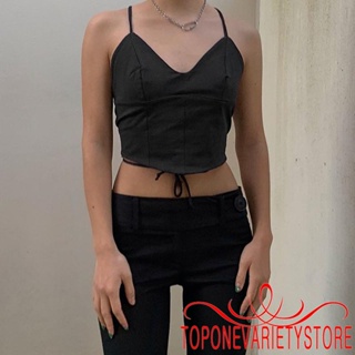 Topone- เสื้อครอปท็อป แขนกุด คอวี เปิดหลัง สีพื้น สไตล์สตรีท เหมาะกับฤดูร้อน สําหรับผู้หญิง