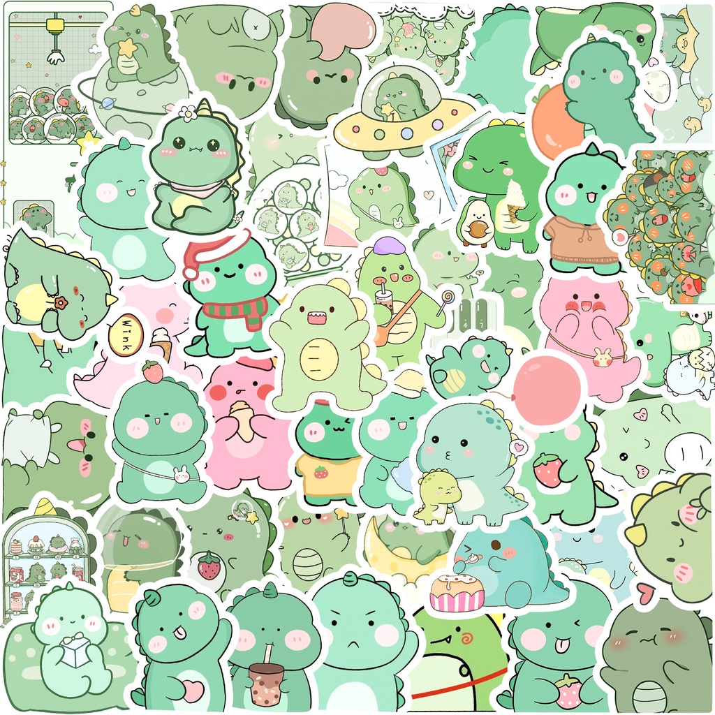 น่ารักสีเขียวการ์ตูนไดโนเสาร์ 50PCS สติกเกอร์กันน้ําสําหรับหมวกกันน็อคจักรยานบัญชีมือกรณีดินสอ Decals LanLanStickersWorld