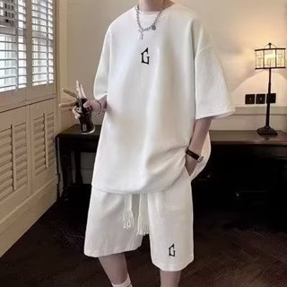 ชุดกีฬา เสื้อแขนสั้นลําลอง กางเกงขาสั้น ลายวาฟเฟิล แฟชั่นฤดูร้อน สําหรับผู้ชาย