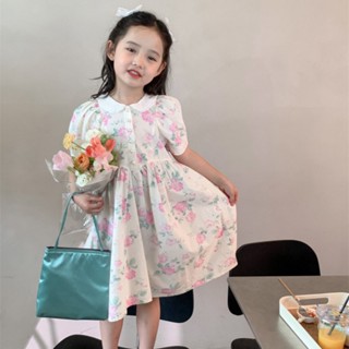 ชุดเดรสแขนสั้น พิมพ์ลายดอกกุหลาบ สีชมพู สไตล์ฝรั่งเศส วินเทจ เหมาะกับฤดูร้อน สําหรับเด็กผู้หญิง