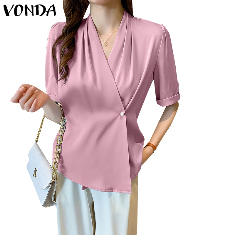 Vonda เสื้อเชิ้ตแขนสั้น คอวี สีพื้น สไตล์เกาหลี สําหรับผู้หญิง