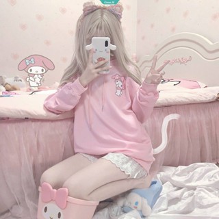 SANRIO เสื้อกันหนาว มีฮู้ด ทรงหลวม พิมพ์ลาย Mymelody น่ารัก แฟชั่นฤดูใบไม้ร่วง และฤดูหนาว สไตล์ญี่ปุ่น สําหรับผู้หญิง [GM]