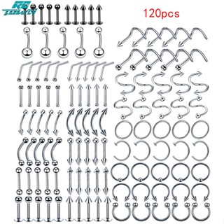 Rctown ชุดจิวเจาะจมูก สะดือ ต่างหู สเตนเลส คละแบบ (24 รูปแบบ, 5 ชิ้น สําหรับแต่ละชิ้น 120 ชิ้น