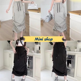 Mini shop🌸พร้อมส่ง🌸 (2327) กระโปรงยาวเอวสูง ผ้าร่มเอวสม๊อคมีกระเป๋า 2ข้าง สีเรียบๆ -NZ-XM
