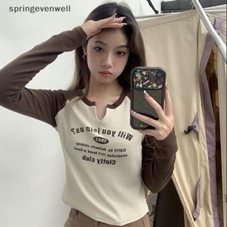 [springevenwell] ใหม่ พร้อมส่ง เสื้อยืดครอปท็อป แขนยาว คอยู พิมพ์ลายตัวอักษร แฟชั่นฤดูร้อน สําหรับผู้หญิง