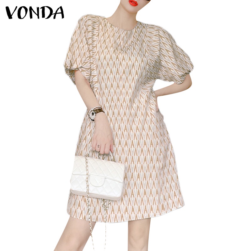 Vonda ชุดเดรสสั้น คอกลม แขนสั้น ลายเรขาคณิต สไตล์เกาหลี สําหรับผู้หญิง