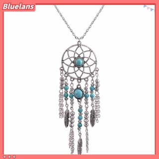 Bluelans สร้อยคอโซ่ จี้ตาข่ายดักฝัน ประดับขนนก สีเขียวขุ่น เครื่องประดับสตรี