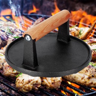 Family Shorage Squid Press Metal Round Patty Maker Meat Flattener Plate Barbecue Tool with Wood Handle for Outdoor Picnic