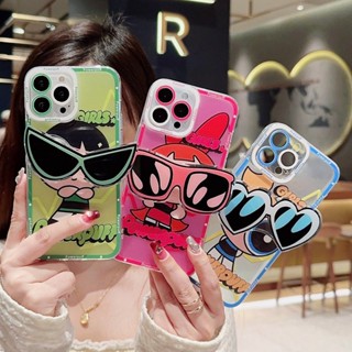 เคสโทรศัพท์มือถือ ซิลิโคนนิ่ม TPU ใส กันกระแทก ลายการ์ตูน Powerpuff Girls พร้อมขาตั้ง สําหรับ iPhone 15 14 13 12 11 Pro Max