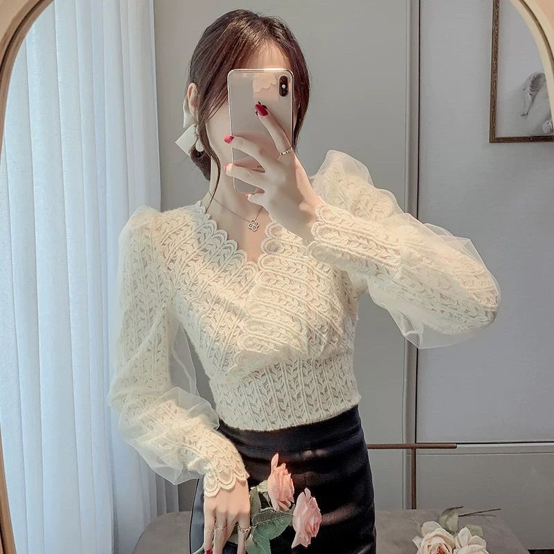 เสื้อแขนยาว คอวี ผ้าโปร่ง แฟชั่นบอททอม สําหรับผู้หญิง