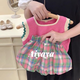 Aiyaya เตรียมจัดส่ง เสื้อผ้าเด็ก เสื้อกล้ามเด็กผู้หญิง+กางเกงขาสั้น สไตล์เกาหลี ชุด2ชิ้น (728)