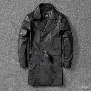 Autumn and Winter new leather leather coat mens leather jacket mid-length first layer cowhide windbreaker lapel leather coat mens XUJO