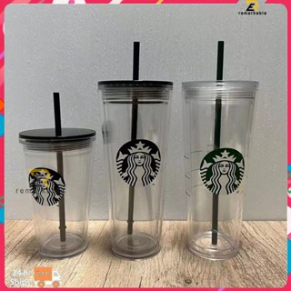 พร้อมส่ง Starbucks Cup แก้วใส 2 ชั้น Straw Cup 710ml/473ml Ounces เหมาะสำหรับ Office โดดเด่น_th