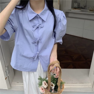Rommers เสื้อเชิ้ต แขนสั้น สีขาว วินเทจ ผูกเชือก แขนพอง เสื้อแขนสั้น