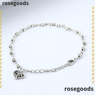 Rosegoods1 สร้อยข้อเท้า สร้อยข้อมือ โลหะผสมเงิน รูปหัวใจ การออกแบบดอกไม้ เครื่องประดับเท้าเปล่า สร้อยข้อมือเท้า ลูกปัด ผู้หญิง เด็กผู้หญิง