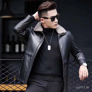 [New autumn] Haining Leather down jacket mens mink collar mid-length sheep leather jacket mens leather slim fur coat 8DVK