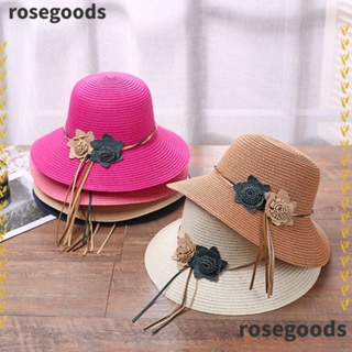 Rosegoods1 หมวกฟางกันแดด ลายดอกไม้ ขนาดเล็ก สําหรับเดินทาง ชายหาด ฤดูร้อน