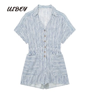 Uibey ชุดจั๊มสูท คอปก แขนสั้น ลายทาง 8760