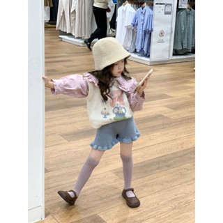 Korean style childrens clothing 2023 Autumn New girls sweet doll shirt cartoon knitted vest sweater shorts three-piece set 8T7E