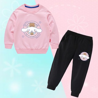Kawaii Cinnamoroll Sanrio เสื้อกันหนาว คอกลม ผ้าฝ้าย และกางเกงขายาว สําหรับเด็ก 2 ชิ้น