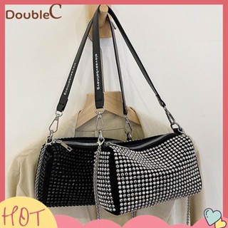 【Double C 】✿   กระเป๋าถือ กระเป๋าสะพายไหล่ ทรงกระบอก ประดับเพชร พลอยเทียม หรูหรา เหมาะกับงานเลี้ยง สําหรับสตรี