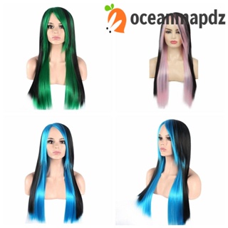 Oceanmapdz วิกผมยาวตรง สีชมพู สีฟ้า วิกผมหน้าม้าด้านข้าง มองไม่เห็น ตลก เลเยอร์ ไฮไลท์ ผมสังเคราะห์ คอสเพลย์