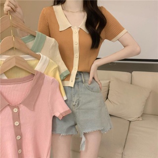 LittleBee_shop.71008 พร้อมส่ง เสื้อไหมพรมแขนสั้น คอปก สีพาสเทลน่ารักเกาหลีมาก กระดุมหน้าใส่สบายมาก