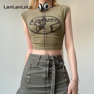 Lanlanlolo เสื้อยืด คอกลม แขนกุด ผ้าถัก พิมพ์ลาย สไตล์เรโทร สําหรับผู้หญิง 2023