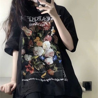 American Style vintage Rose Short-sleeved T-shirt Womens Loose Ins Harajuku-style Retro Top
