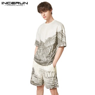 Incerun เสื้อแขนสั้น พิมพ์ลาย + ชุดลําลอง Capris