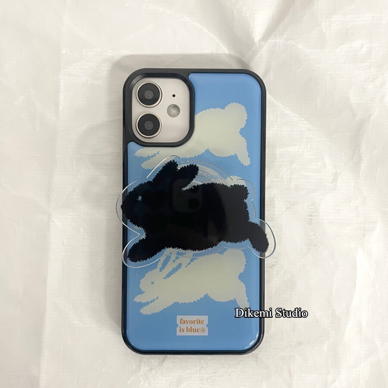 กระต่ายสีขาว Ins บล็อกเกอร์เคสโทรศัพท์กรอบสีดําอ่อนพร้อมที่วางโทรศัพท์สําหรับ iphone 17/16/15pro/13pro/14promax/13promax/12/11/xsmax/xr โทรศัพท์มือถือป้องกันกรณีปก