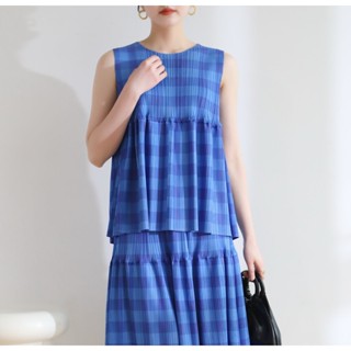 2MUAY รุ่น GJO3621 SLEEVELESS PLAID PRINTED PLEAT TOP เสื้อผู้หญิง เสื้อพลีทคุณภาพ สีนำ้เงิน FREE SIZE