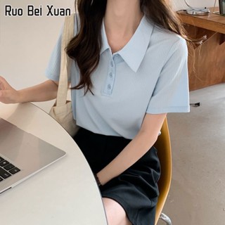 RUO BEI XUAN เสื้อยืดสตรีเกาหลีฤดูร้อนใหม่หลวมสบาย ๆ คอโปโลแขนสั้นเสื้อยืด