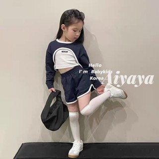 Aiyaya ชุดเซตเด็ก น่ารักหวานสไตล์ เซ็ต 3 ชิ้น ชุดเด็กเกาหลีสำหรับฤดูใบไม้ผลิและฤดูร้อนเสื้อแขนยาว + เสื้อกั๊ก + กางเกงขาสั้น（564）