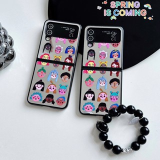 เคสโทรศัพท์มือถือแบบกระจกแข็ง กันกระแทก พร้อมสายโซ่คล้อง ลายการ์ตูนน่ารัก สไตล์ยุโรป อเมริกา สําหรับ Samsung Galaxy Z Flip 4 5G Z Flip 3