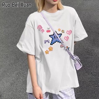 RUO BEI XUAN เสื้อยืดสตรีสไตล์เกาหลีใหม่คอกลมหลวมสบาย ๆ พิมพ์ลายแขนสั้น