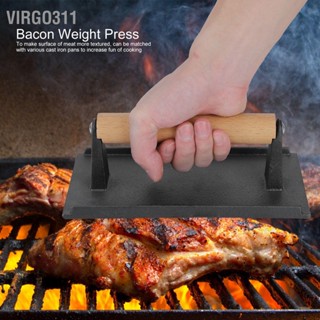 Virgo311 Cast Iron Grill Press Steak Bacon Weight Barbecue Griddle with Wood Handle