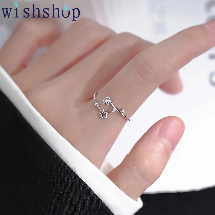 เครื่องประดับ แหวนนิ้วมือ ประดับเพทาย รูปดาวห้าแฉก แบบบาง ปรับระดับได้ แบบเรียบ หรูหรา แฟชั่นคู่รัก สําหรับผู้หญิง