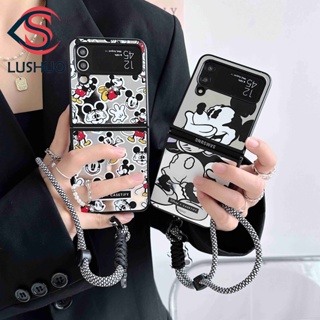 Lushuo เคสโทรศัพท์มือถือ ลายการ์ตูนดิสนีย์ มิกกี้ เมาส์ พร้อมสายคล้องมือ สําหรับ Samsung Galaxy Z Flip 3 5G and Z Flip 4 Z Flip3 ZFlip3 ZFlip 3 Z Flip4 ZFlip 4