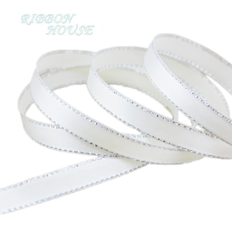 (ขนาด 25/ม้วน) กว้าง 1 ซม. ขอบเงิน ริบบิ้น เค้ก กล่องของขวัญ บรรจุภัณฑ์ โบว์ ทํา ตกแต่งงานแต่งงาน