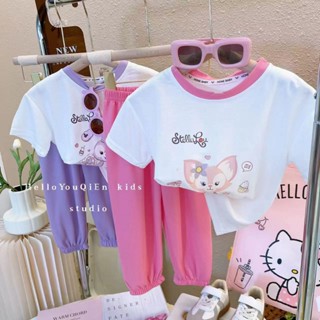 พร้อมส่ง ชุดเสื้อยืดแขนสั้น กางเกงกีฬา ผ้าเรยอน ลําลอง สําหรับเด็กผู้หญิง