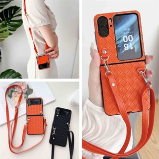 OPPO Find N2 Flip เคสหนัง แบบฝาพับ หรูหรา ลายทอ พร้อมสายคล้องมือ และสายสะพายข้าง สําหรับผู้หญิง