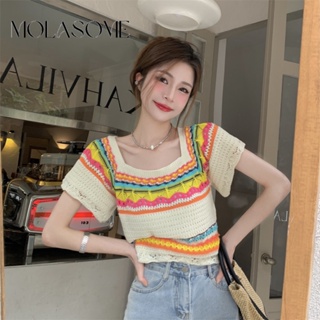 Molasome เสื้อยืดแขนสั้น คอสี่เหลี่ยม เข้ารูป สีตัดกัน สไตล์เกาหลี สําหรับผู้หญิง 2023