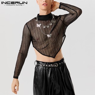 Incerun เสื้อยืด แขนยาว ผ้าตาข่าย ทรงไม่สมมาตร แนวตั้ง