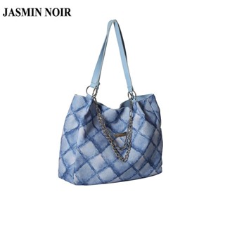 Jasmin NOIR กระเป๋าถือ กระเป๋าสะพายไหล่ ผ้าแคนวาส ลายสก๊อต ขนาดใหญ่ แต่งสายโซ่คล้อง สําหรับสตรี