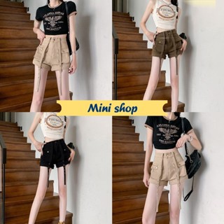 Mini shop🌸พร้อมส่ง🌸 (2360) กางเกงขาสั้นเอวสูง กระเป๋าหน้าหลัง ดีเทลสายรัดเท่ๆ -NZ-XM