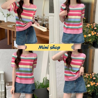 Mini shop🌸พร้อมส่ง🌸 (19095)  เสื้อไหมพรมคอกลม แขนสั้น ลายทางสีชมพูหลายสี